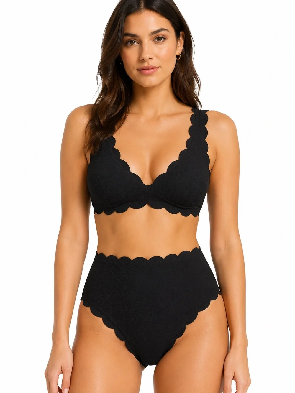 J.Crew Scallop Piqué High Waist Bikini Set Black Textured Medium NWT